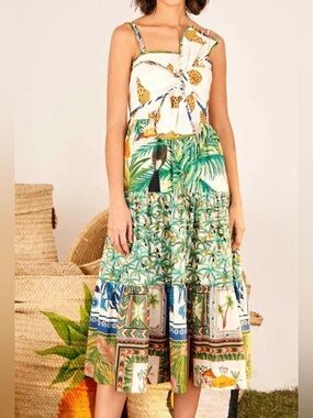NWOT Farm Rio Mixed Prints Tiered Cotton Knot Front Midi Dress XS